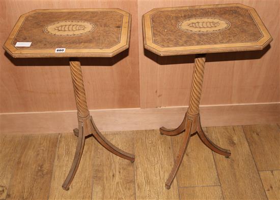 A pair of Sheraton style mahogany yew and marquetry tripod tables H.73cm